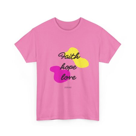 Faith Hope Love T-Shirt — Inspirational Christian Tee with Bright Pink & Yellow Design